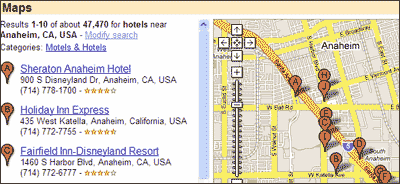 Google's combination of map and hotel data in a left hand panel