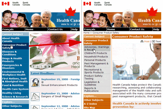 Health Canada website showing use of context-sensitive left-navigation
