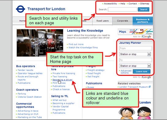 Image of Transport for London website, highlighting best-practices