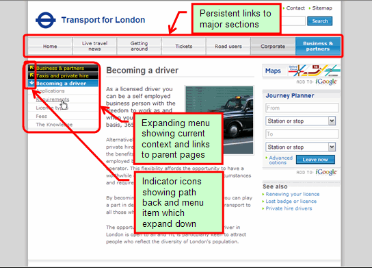 Image of Transport for London website, highlighting best-practices