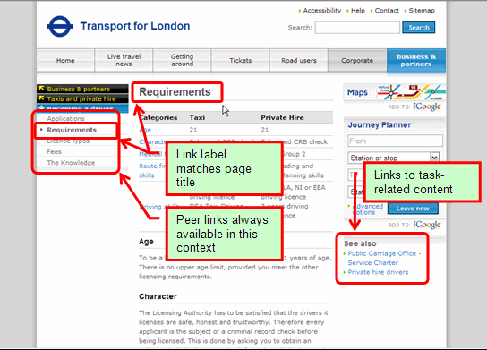 Image of Transport for London website, highlighting best-practices