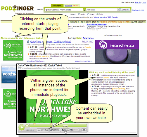 Screenshots providing example of key features of PodZinger