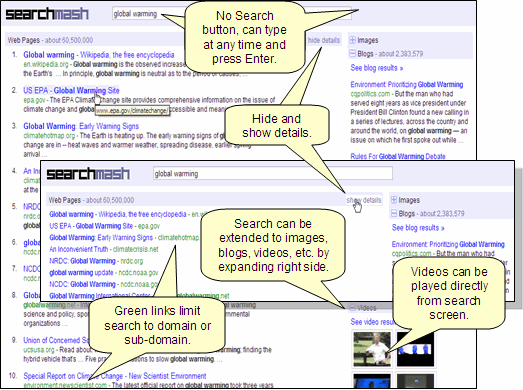 Screen show of SearchMash pointing out interesting additions to search